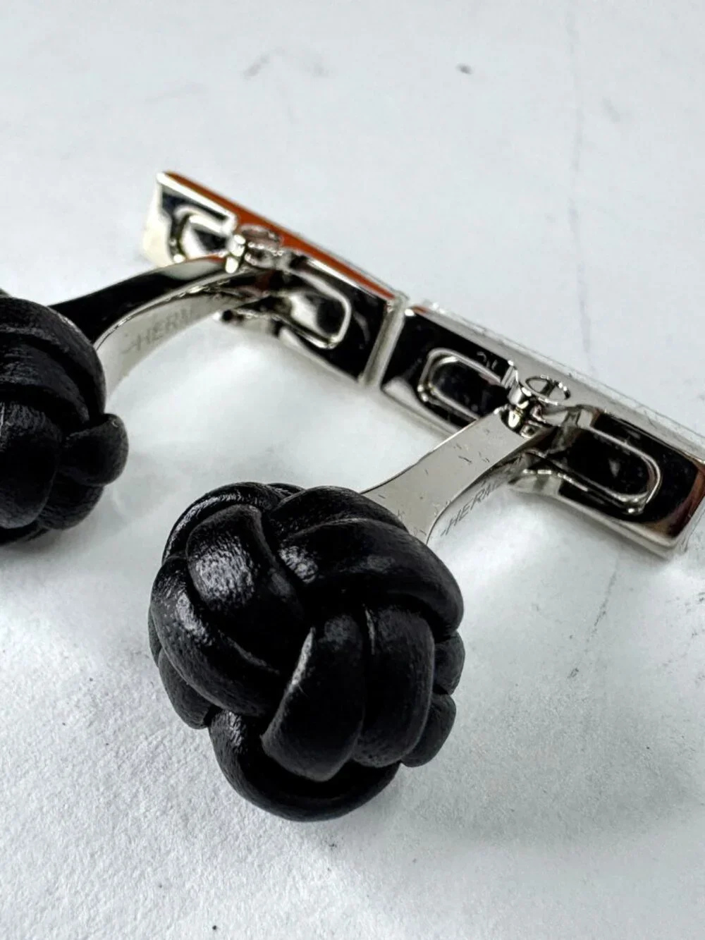 Vintage Hermès Noir Leather Pom-Pom Pompon Knot Cufflinks with Box SS393
